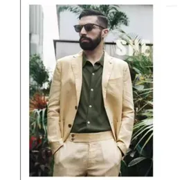 Herenpakken Tweedelig Pak Voor Mannen 2023 Slim Fit Elegante Man Linnen Stof Casual Mode Podiumkostuum Zomer Dun Ademend