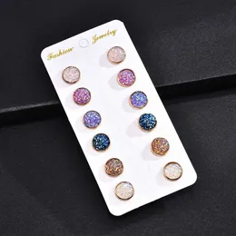 Stud 6 Pairs / Lot Colorful Drusy Resin Cabochon Stud Earrings Round Shape Piercing for Women Earrings Set Fashion Jewelry Party Gift J230717