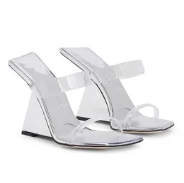 الصيف الفاخرة نساء فلورانس Plexi Sandals أحذية نساء البغال PVC Strappy أسافين عالية الكعب سيدة حفل زفاف سيدة مثير المضخات EU35-42