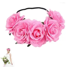 Decorative Flowers Rose Crown Headband Artificial Flower Beach Headpiece Hair Wreath Floral Garland With Adjustable Ribbon Festivals