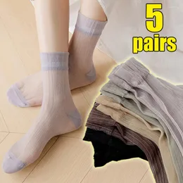 Women Socks Simple Ice Silk Crystal Spring Summer Thin Anti-hook Mid-tube Sock Elastic Comfy Stockings Hosiery Long