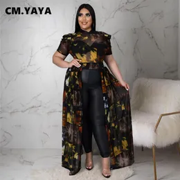 Camiseta Feminina Plus Size CM.YAYA Plus Size Feminina Tie Dye Malha Ver Embora Puff Manga Curta Alta Dividida Maxi Vestido Estilo Blusa Camisas Top Verão Primavera 230715