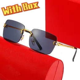 Designer solglasögon Mens Luxury Fashion Solglasögon Kvinnor Classic Sunshade Metal Rimless Eyeglasses Man Outdoor Polarised Eyewear Beach Driving Glasses With Box