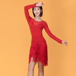 Stage Wear Ballroom Dance Competition Dresses Black/Red Mesh Gauze Fringe Skirt Ladies Rumba Tango Samba Salsa Cha Dancewear VO348