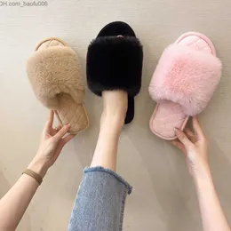 Slippers Slippers 2022 Women's Fluffy Fur Slippers Lady Autumn Winter Open Toe Home Warm Flock Shoes Candy Color Soft Furry Floor Flats Slides T221110 Z230717