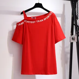 Damen-T-Shirt in Übergröße, 150 kg, Übergröße, Sommer, OneShoulder, bedrucktes Buchstaben-T-Shirt, Brustumfang 156 cm, 6XL, 7XL, 8XL, 9XL, 10XL, lockeres Baumwoll-Top, Schwarz, Rot, 230715