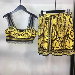 Peça de verão de duas peças Conjunto de tanque de tanque de spaghetti e saia plissada moda impressa 230715