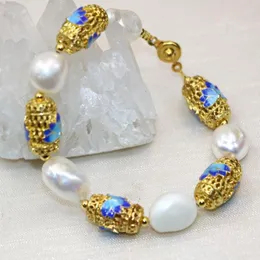 Strand Wysokiej jakości naturalny biały biały 12-14 mm nieregularne perły Bransoletki złoto kolorowe koraliki Cloisonne biżuteria 7,5 cala B3003
