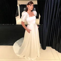 Simple Civil Square Neck Wedding Dresses Short Sleeve Bow Tie Belt Pocket Bridal Dress Sweep Train Satin Garden robe de mariee