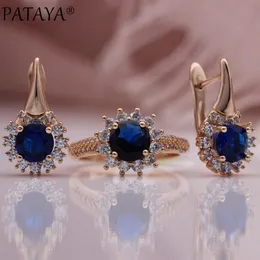 Set di gioielli da sposa PATAYA 585 Colore oro rosa Set moda donna regalo blu scuro rotondo zircone naturale girasole orecchini pendenti anello 230717