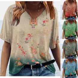 Women's T Shirts Comfortable Colorful T-Shirt Fashion Casual Printed V Neck Short Sleeve Blusa Mujer Moda 2023