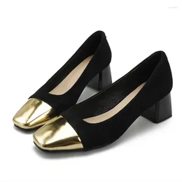 Отсуть обувь Женщины блок-квадратные каблуки Пешеты золотой бежевый черный лоскут Loafer Flock Flock Zapatos de Mujer Null Tacos 5 см. Элегантные широкие подходящие
