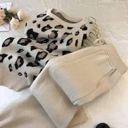 Women's Two Piece Pants Autumn Winter Women Knitted Leopard O-collor Pullover Sweaters Sets Woman Fashion Jumpers Trousers 2 Pcs Costumes