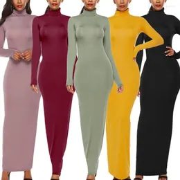 Casual Dresses Mock Long Sleeve Turtleneck Maxi Dress Pure Color Slim Stretch Sukienka Party Night Big Size Women 5xl Push Up