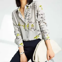 Kvinnors blusar 2023 Spring Women Sandtvättad Silk Stand-up Collar Gray-Bottomed Wintersweet Printed Shirt