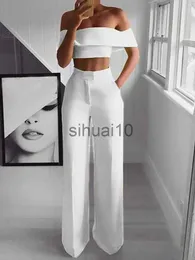 Kvinnors tvåbitar byxor Summer White Black 2 Piece Set Women Clothing Wide Ben Pants Suits Sexy Croped Top + Long Trousers Fashion Woman Tracksuits J230717