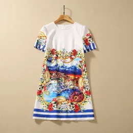 2023 Summer White Floral Print Beaded Cotton Dress Blue Striped Short Sleeve Round Neck Rhinestone Short Casual Dresses S3Q160713