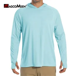 T-shirt maschile Magcomsen Maglietta per protezione solare UP con cappuccio maschile UPF 50 maniche lunghe con cappuccio a secco rapido Summer Beach Casual W