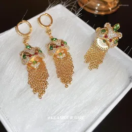 Hoop Earrings 1 Pair Zircon Lion Wake Up Tassel Earring /Ring Chinese Style Festive High Grade Jewelry