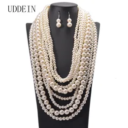 Bröllopsmycken sätter uddein Multilayer Big Chunky Pearl Necklace örhängen Set Ethnic Customs Boho Beads Collar Bridal Accessories 230717