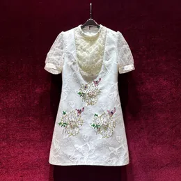 2023 Summer White Solid Color Panelled Lace Dress Short Sleeve Round Neck Knee-Length Casual Dresses A3Q122240