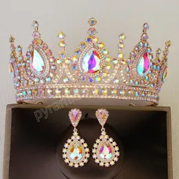 Elegant Luxury Water Drop Crystal Tiara Crown Women Party Jewelry Bridal Gold Crown Earrings Wedding Hair Accessories Set