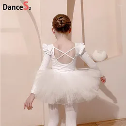 Vêtements de scène filles et enfants Costumes de danse à manches longues vêtements de pratique Ballet fille costume fendu jupe en Tulle blanc