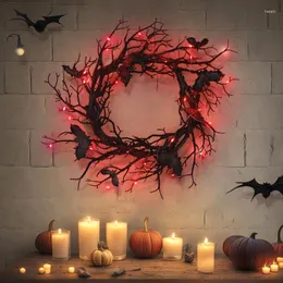 Fiori decorativi Ghirlanda di Halloween Pipistrello Ghirlande di ramo nero con luce LED rossa 45 cm per porte Finestra Decorazione ghirlanda di fiori