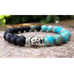 Męskie Buddha Mala Bransoletka Niebieskie morze magnezyt Jasper Black Onyx Bohemian Buddhist Modlitwa Ochrona Meditation Mala Male Men BRAC235B