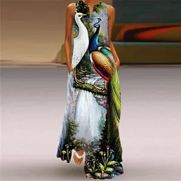 Urban Sexy Dresses Women Sleeveless Peacock Print Summer Beach Dress Elegent V-Neck Boho Maxi Dress Summer Party Vocation Dresses Fashion 230717