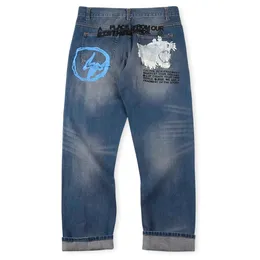 High Street Pants Proste nogi jeansy dla mężczyzn Designer Punk Printed Blue Pants Pantalon Homme Modne Motocykl Spodnie