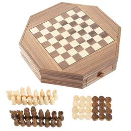 Achteckiges Schach- und Dame-Kompaktholzset