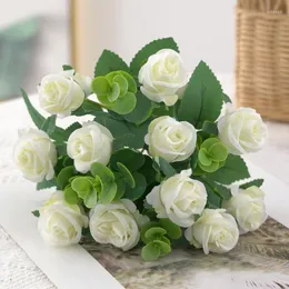 Dekorativa blommor 11 huvuden Artificial Flower Rose White Eucalyptus lämnar Peony Bouquet Fake For Navidad Wedding Table Party Vase Home Deco