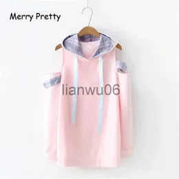 Kadın Hoodies Sweatshirts Merry Pretty Women Off Omuz Pembe Kapüşonlu Sweatshirts 2020 Bahar Uzun Kollu Çekme Kültürü Femme Tatlı Stil Hoodi J230718