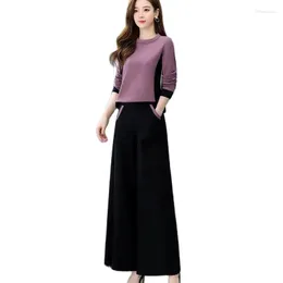 Calça feminina de duas peças primavera outono lazer perna larga terno feminino 2023 temperamento socialite fã top moda longa