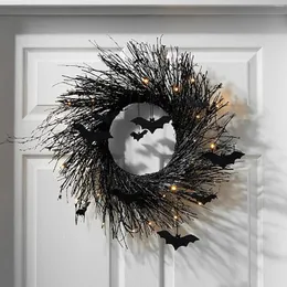 Dekorativa blommor Halloween Bat Wreath Door Haunted House Decoration Glowing Black Garland hängande hemfestartiklar