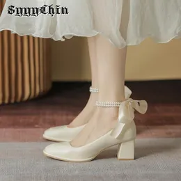Donne pompe 684 vestito Mary Jane Bow-Knot Chunky Heel Pearl Ladies Sandals Cinks Caving Beving Female Female Elegant Wedding Party Accoglie