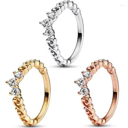 Anelli a grappolo Autentico argento sterling 925 Sparkling Rose Golden Shine Corona diadema con anello di cristallo per le donne Festa di nozze Moda