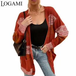 Kvinnors tröjor Logami Deep V Neck Cardigan Women Color Block Sweaters Woman Pocket Loose Casual Cardigans L230718