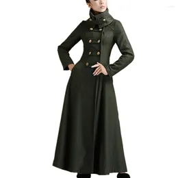 Casaco de Lã Feminino Outono Inverno Estilo Militar X-longo Casaco de Lã Feminino Gola Alta com Abotoamento Duplo Sobretudo Misturado