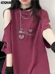 女性のTシャツコサヒキグランジ美学Tシャツ女性トップサマープリントOネックオフショルダーストリートウェアルーズフェアリーTシャツY2K TEES GOTH 230717