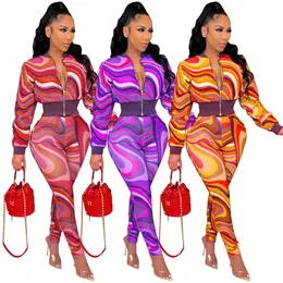 Women's Two Piece Pants Elegant Wave Striped Women Two 2 Piece Set Outfits Fall Winter Track Jacket and Legging Pants Set Tracksuit Sweatsuit 230717