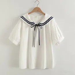 Camicette da donna Camicia estiva da donna in puro cotone 2023 Manica corta da donna Stile preppy Mori Ragazza allacciatura Colletto da marinaio Cute Baby Doll Bianco