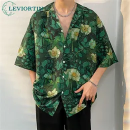 Women's Two Piece Pants High Street Male Hawaiian Shirt Flower Full Print Summer Casual Cardigan Short Sleeve Blouse Tops For Men 230718