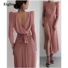 Party Dresses Eightree Dusty Pink O Neck Long Evening Dress Length Sleeves Side Sllit Sashes Formal Night Gown Pleated