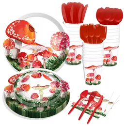 Red Watercolor Mushroom Paper Plates Party Supplie Plates and Napkins Birthday Set Party Dinnerware Serves 8 Guests for Plates, Napkins, Cups 68PCS