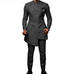 African Stand Collar Men Suit 2 Piece Male Dress Wedding Groom Dark Grey Slim Fit Business Prom Party Tuxedo Man Blazer Men's333p