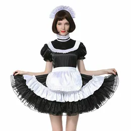 Sissy French Maid Lockable Black Satin Dress Costume Crossdress pieghettato Style197v