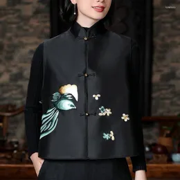 民族衣類女性中国の伝統的なベストレトロフラワープリントタンスーツ中国オリエンタルサテンナショナルウィンドコート