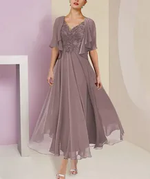 Elegant kort V-hals spetsmor till bruden klänningar a-line chiffong veckade ankel längd blixtlås la madre del vestido de novia kvinnor klänningar för kvinnor